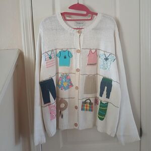 Vintage 90s knit cardigan sweater patches clothing on clotheslines cottagecore L